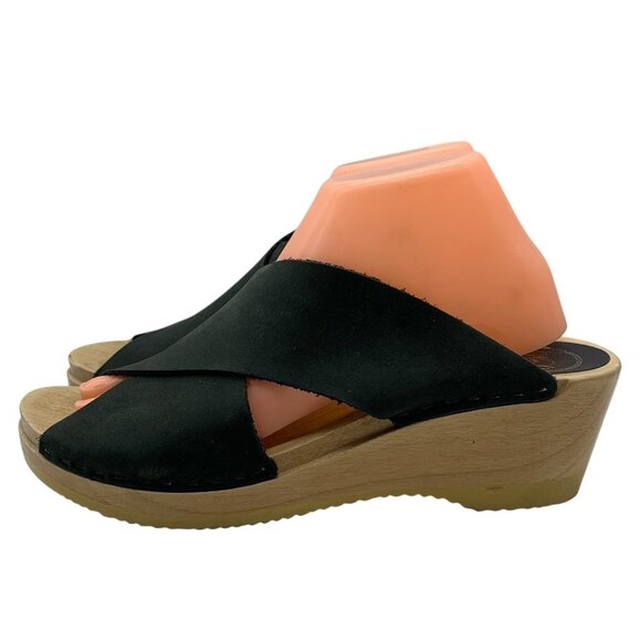 No.6 Frida Clog Sandals Black Women’s 41 US 10 Mid Wedge Leather Cris Cross #35 - Picture 1 of 14